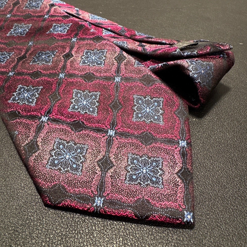 Bruno Piattelli Necktie Burgundy Blue Silk Handmade Geometric Italy Jacquard